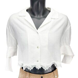 THE KOOPLES Sport Cropped Floral Lace-Hem Half Split Cuff Sleeves White Blouse 1